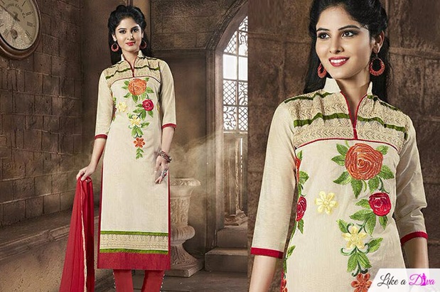 Beige & Red Embroidered Chanderi Cotton Suit